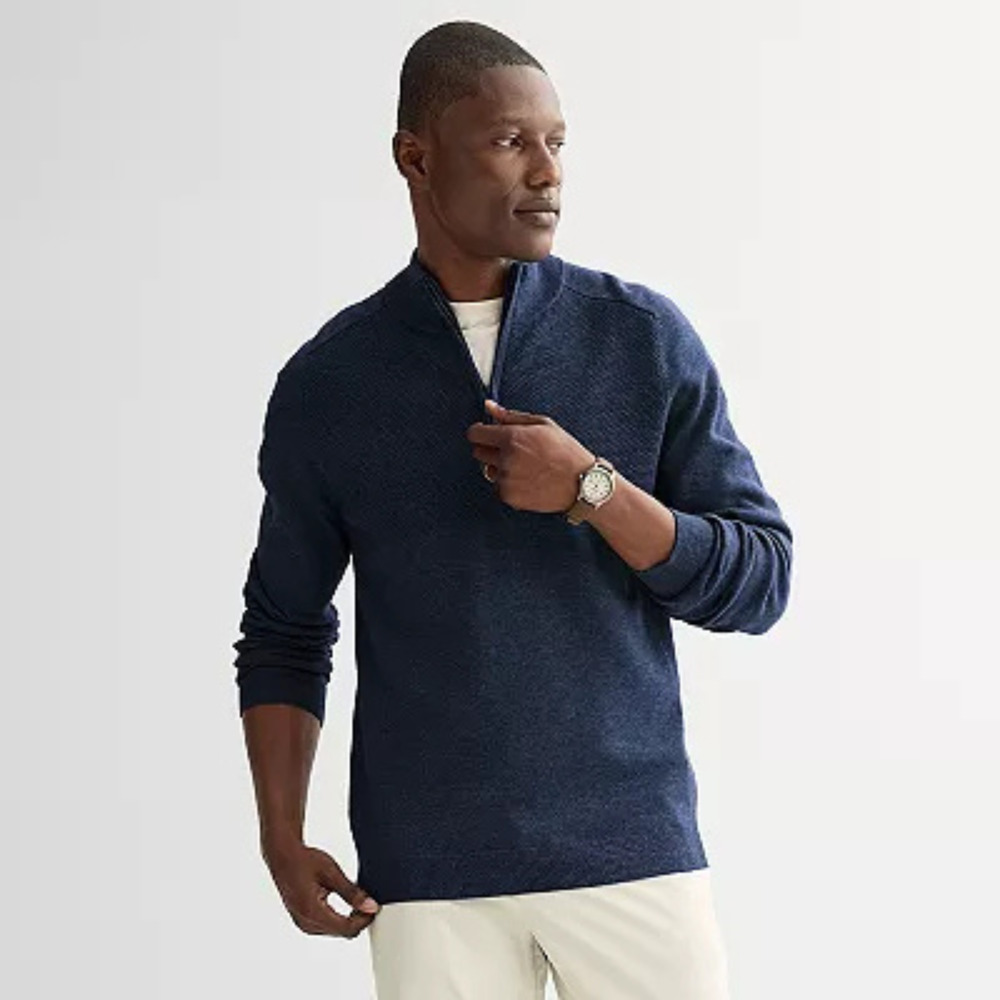 NEW FLX Men's Navy Blue Golf Quarter Zip Knit Pullover Sweater Size L Tall